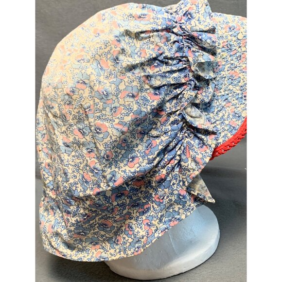 Vintage Womens Floral Bonnet with Red Trim & Ruffles - Picture 13 of 15
